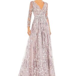 Mac Duggal 20402 Embellished Wrap Over Illusion Long Sleeve Gown Lilac Size 4